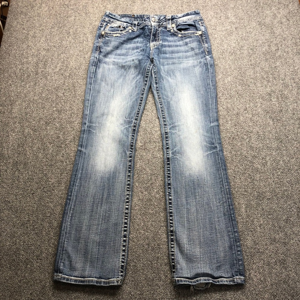 Miss Me Mid-Rise Easy Boot Jeans Blue Embroidered Fleur De Lis Studded Size 30